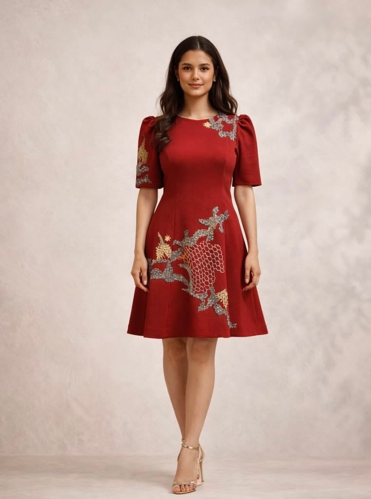 Cosmic crimson bloom dress