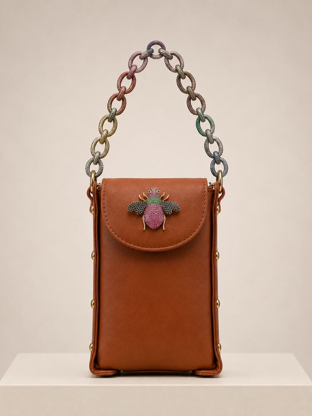 Link Chain Bee Bag- Tan with multicolour chain