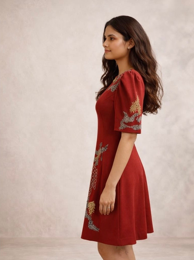 Cosmic crimson bloom dress