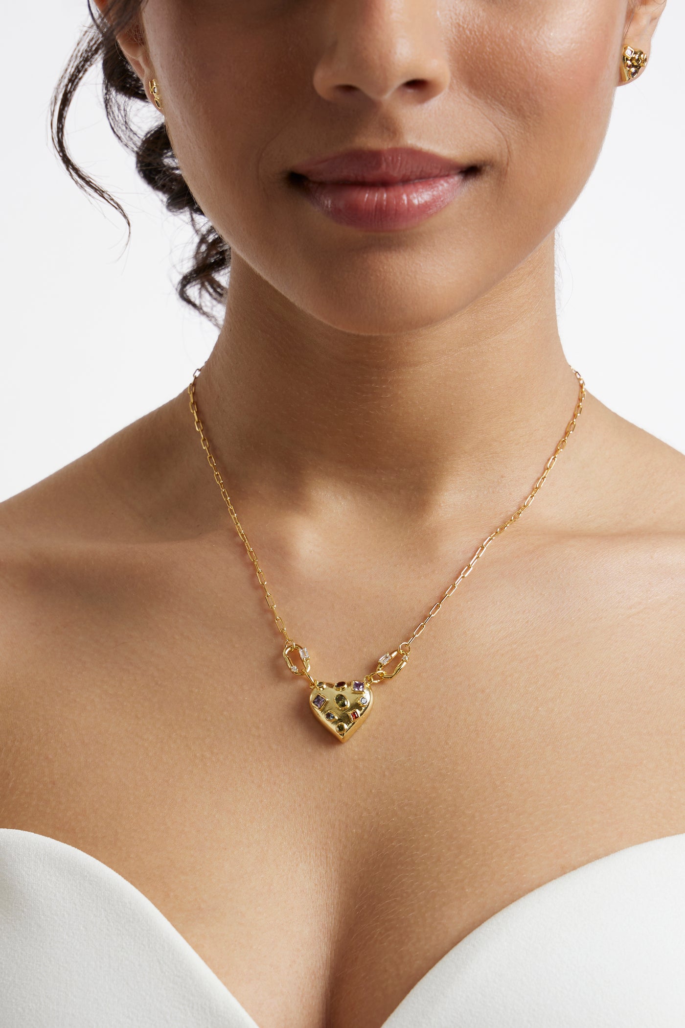 Gold Heart Pendant Chain with Earrings