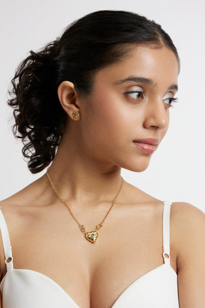 Gold Heart Pendant Chain with Earrings