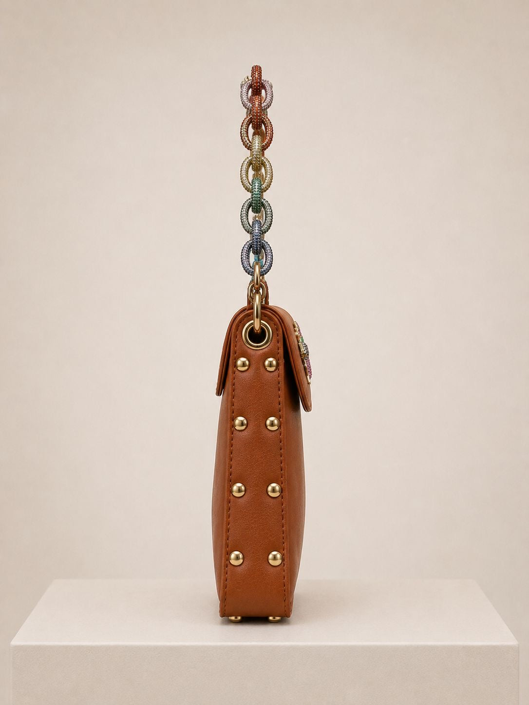 Link Chain Bee Bag- Tan with multicolour chain