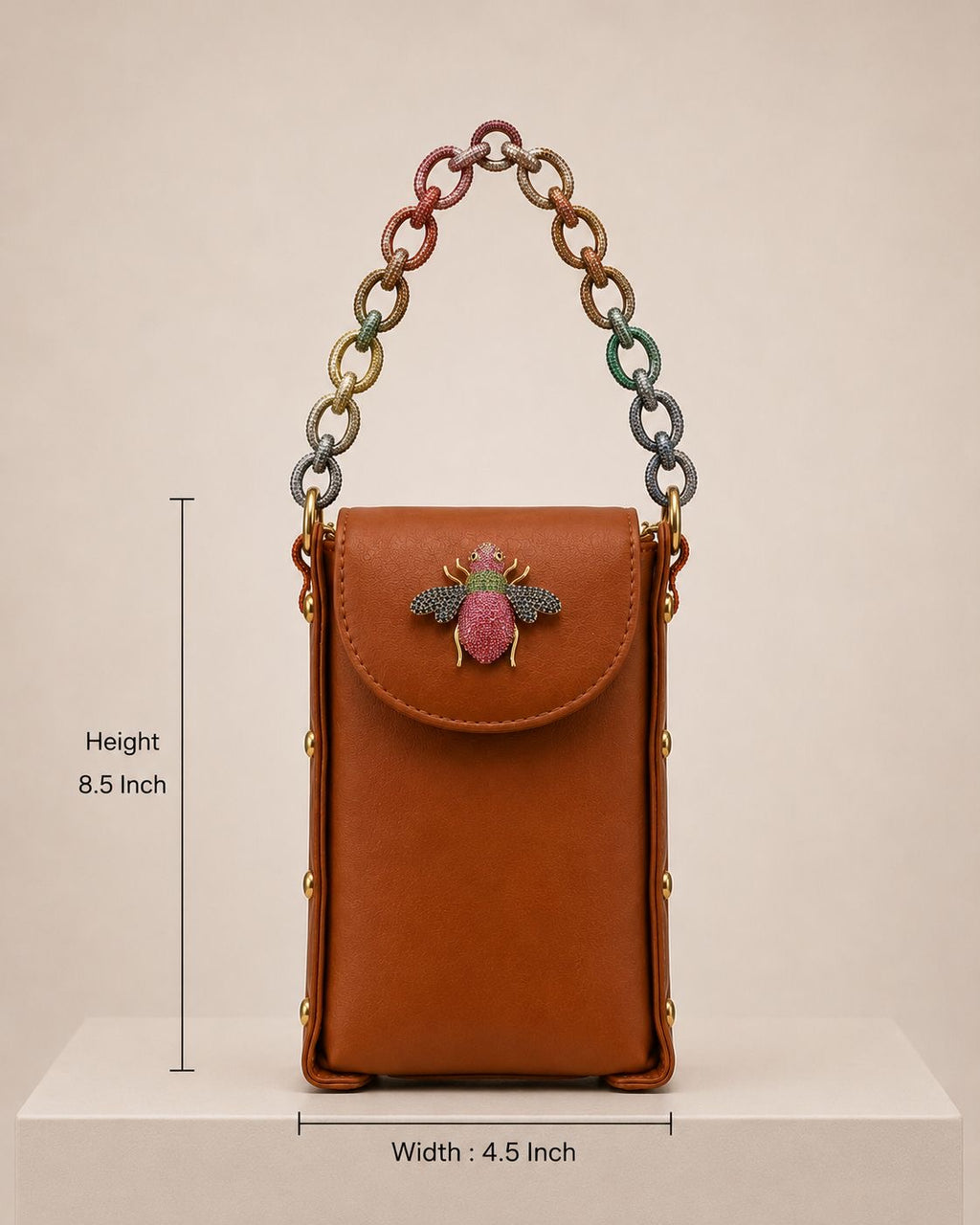 Link Chain Bee Bag- Tan with multicolour chain