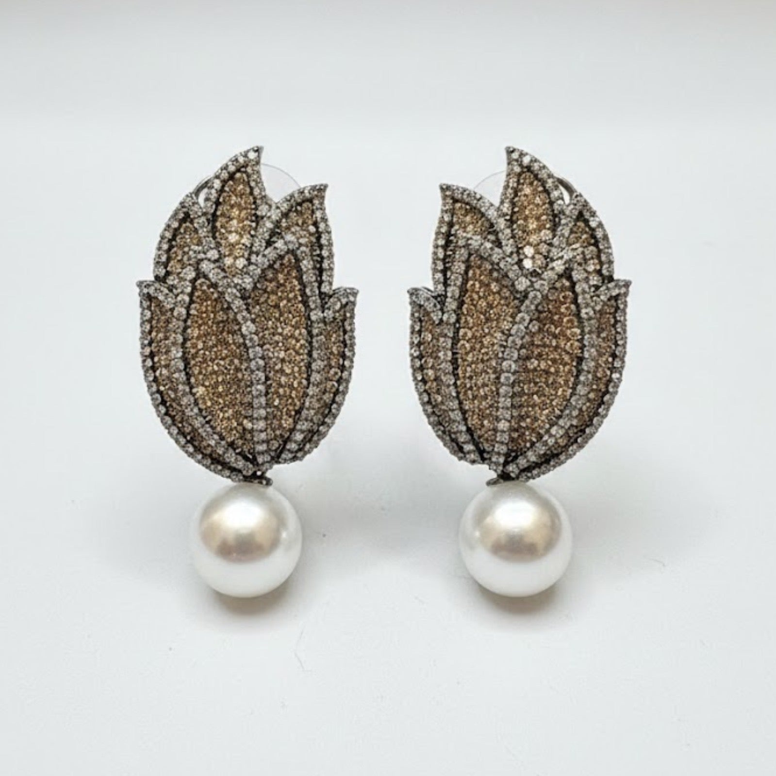 Bling Lotus Pearl Drop Earrings