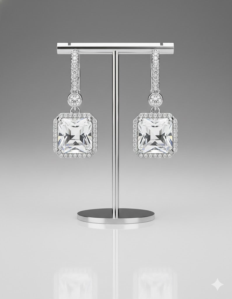 Asscher Halo Drop Earrings