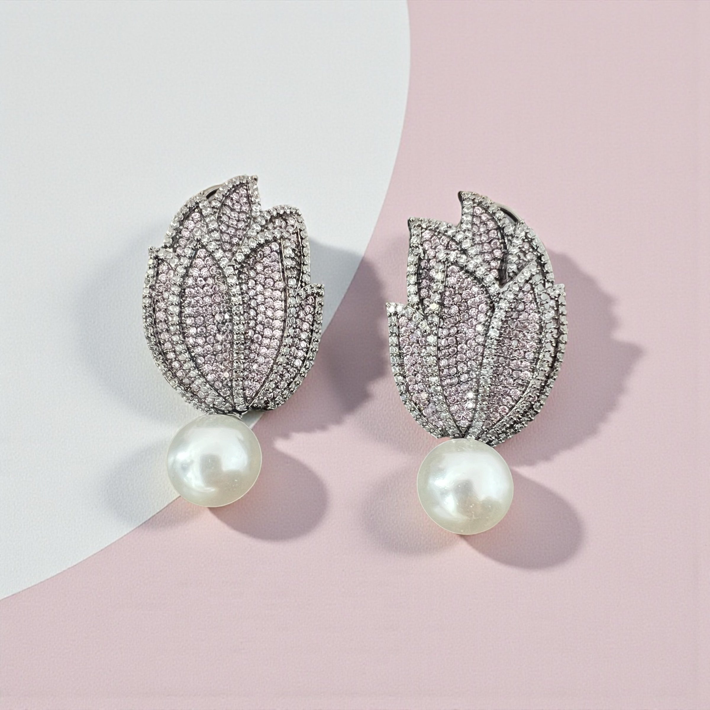Bling Lotus Pearl Drop Earrings