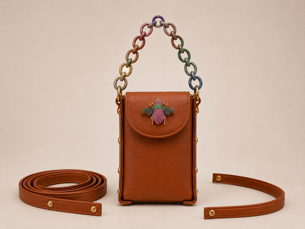 Link Chain Bee Bag- Tan with multicolour chain