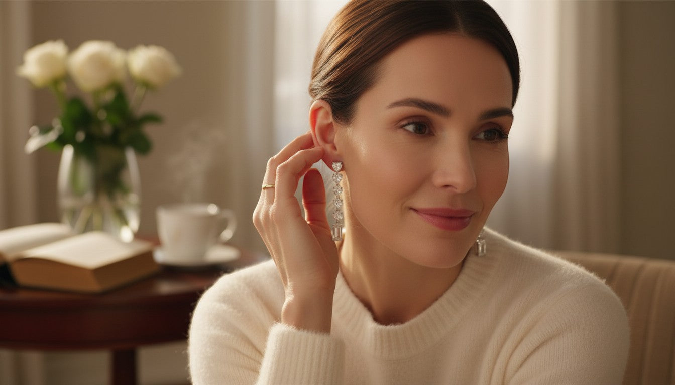 WRAPGAME INDIA Heart Diamonte Sleek Earrings with AAA cubic zirconia stones, brass base, mid-length design.