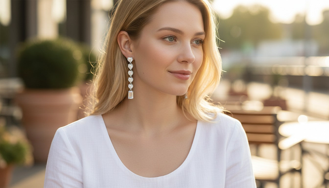 WRAPGAME INDIA Heart Diamonte Sleek Earrings with AAA cubic zirconia stones and a rectangular drop.