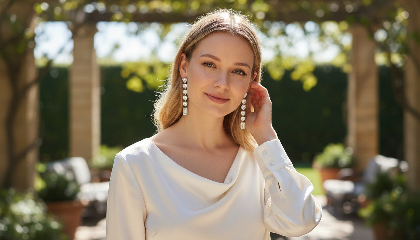 WRAPGAME INDIA Heart Diamonte Sleek Earrings with AAA cubic zirconia stones, brass base, mid-length design.